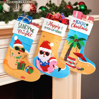 Vansolinne Beach Christmas Stockings 3 Pack 11'' x 17'' Coastal Christmas Decorations Funny Tree Hanging Ornament Bag Fireplace Hanging Soft Large Plush Socks with Santa Flamingo Palms Xmas Gifts