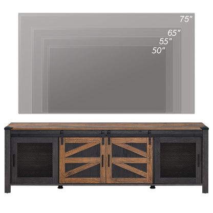 WAMPAT Farmhouse TV Stand for TVs up to 75 Inch with Blue LED Light,Long Entertainment Center with Sliding Barn door for Living Room,Rustic Black&Brown