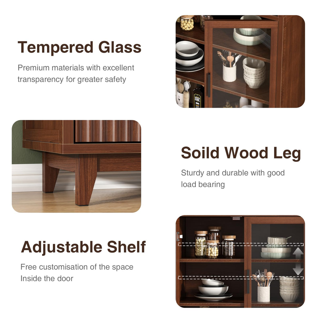 FiveWillowise 71" Tall Arched Cabinet with Glass Doors, Fluted Pantry Cabinet with Solid Wood Legs, Modern Accent Furniture for Living Room, Kitchen, Dining Room, Entryway, Walnut FiveWillowise