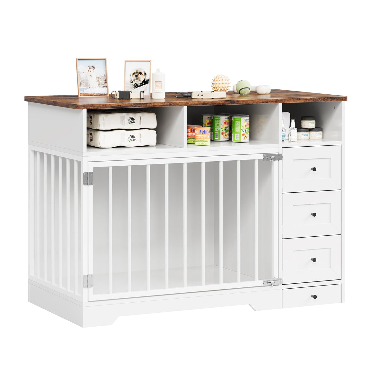 GarveeLife 48 Inch Large Dog Crate Furniture, Farmhouse Dog Kennel with Dog Bowl, 3 Drawers, 3 Open Drawers, Heavy Duty Dog Crate Table for Medium Small Dogs for Living Room, Entryway, White GarveeLife