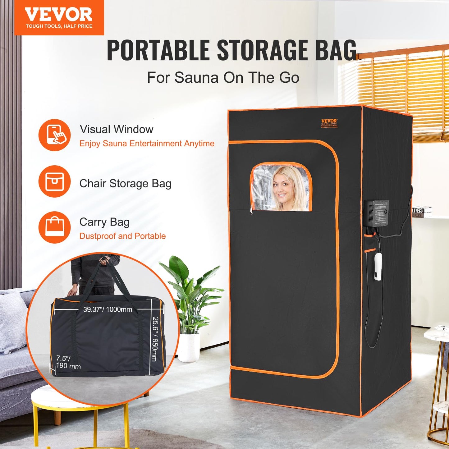 VEVOR Infrared Portable Sauna Tent, 1400W Personal Sauna Kit for Home Spa Heated Body Therapy, Time & Temperature Remote Control with Chair & Floor Mat & Storage Bag, Black, 2.9’x 2.9’x 5.8’