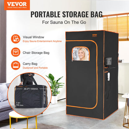 VEVOR Infrared Portable Sauna Tent, 1400W Personal Sauna Kit for Home Spa Heated Body Therapy, Time & Temperature Remote Control with Chair & Floor Mat & Storage Bag, Black, 2.9’x 2.9’x 5.8’