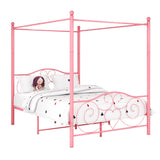 Albearing Canopy Bed Frame Platform Metal Bed Frame Heavy Duty Steel Slat and Support with Headboard and Footboard No Box Spring Required (Queen, Pink) Albearing