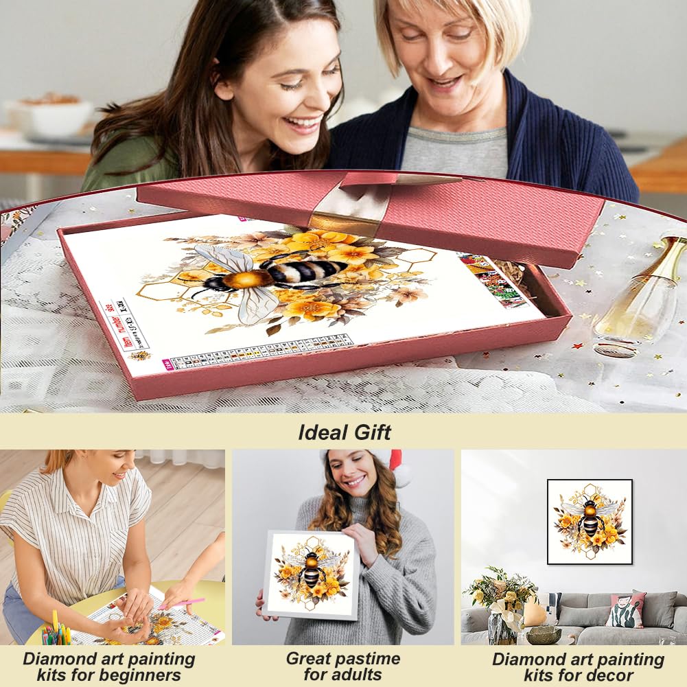 SJUTOUCI Diamond Art Painting Kits for Adults, Bee Diamond Art Kits for Beginner 5D DIY Flower Diamond Dots Bead Art, Full Round Drill Gem Art Craft Wall Decor Gift 12x12 inch SJUTOUCI