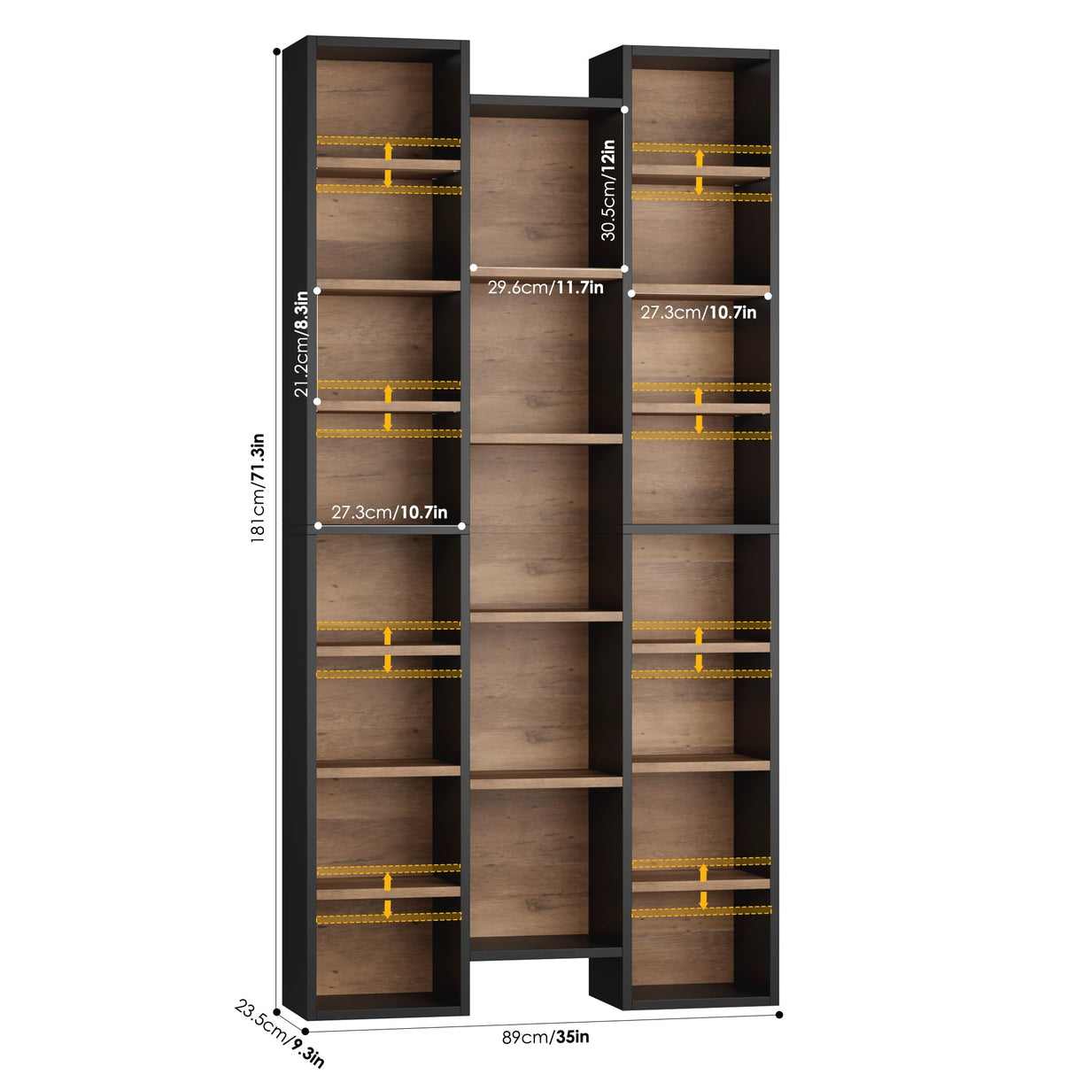 FOTOSOK 71’’ Tall Bookshelf, Triple Wide Bookshelf with Adjustable Shelves, 8 Tier Media CD DVD Storage Tower Rack, Diaplay Cabinet Shelf, Cube Storage Organizer Shelf for Home Office, Black/Brown FOTOSOK