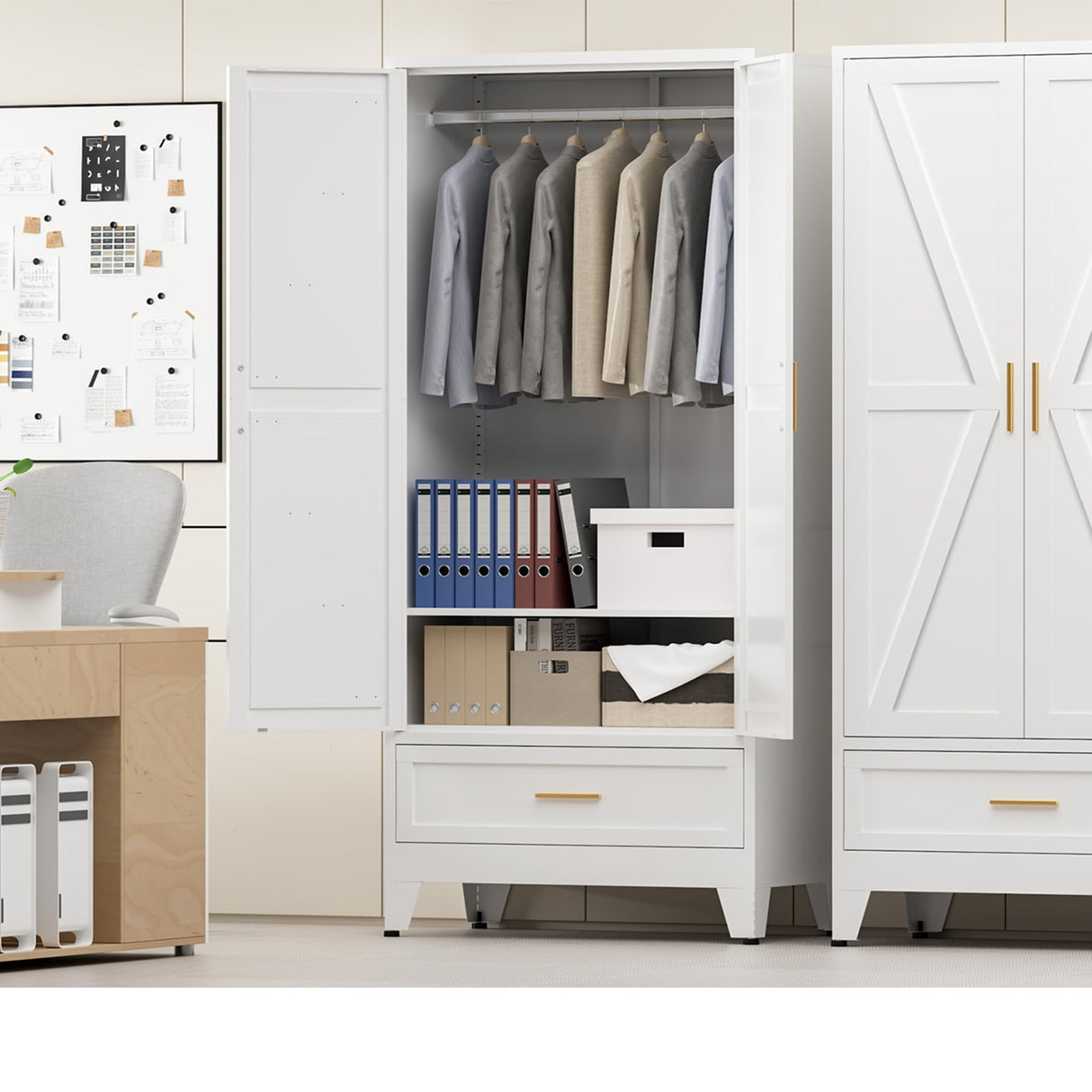 Metal Armoire Wardrobe Closet with Drawer, Farmhouse White Wardrobe Cabinets for Hanging Clothes,Rustic Barn Door Dasign 71" Tall Freestanding Armoire for Bedroom,Office,Laundry Room,Dormitorios XIOMIOHTRQ