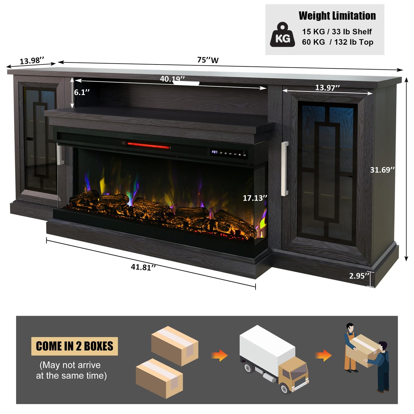 Unineo 75 Inch Electric Fireplace TV Stand, 3- Side Glass LED Modern Media Entertainment Center Console Table for TVs up to 80/85 Inch w/Adjustable Flame, 40’’ Fireplace, Highboy, Black