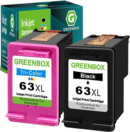 GREENBOX Remanufactured 63XL High Yield Ink Cartridge Combo Pack Replacement for HP 63XL 63 XL OfficeJet 3830 5255 5258 Envy 4520 4512 4513 4516 DeskJet 1112 1110 3630Printer Ink(1 Black 1 Tri-Color)