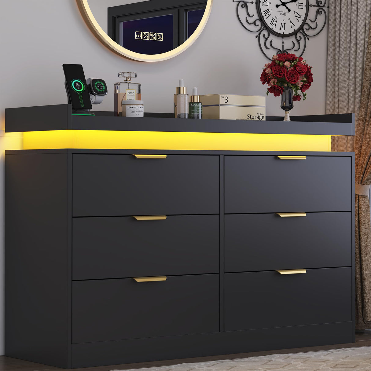 UNIQUITE 6 Drawer Dresser for Bedroom, Black Dresser with LED Lights and Power Outlet, Wooden Dressers Chests of Drawers, Double Wide Dressers for Bedroom, Living Room, Hallway UNIQUITE