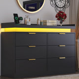 UNIQUITE 6 Drawer Dresser for Bedroom, Black Dresser with LED Lights and Power Outlet, Wooden Dressers Chests of Drawers, Double Wide Dressers for Bedroom, Living Room, Hallway UNIQUITE