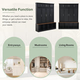 Merax Hall Tree with Bench and Shoe Storage Compartments, Particle Board Multi-Functional Entryway Cabinet with 4 Hanging Hooks, Black Merax