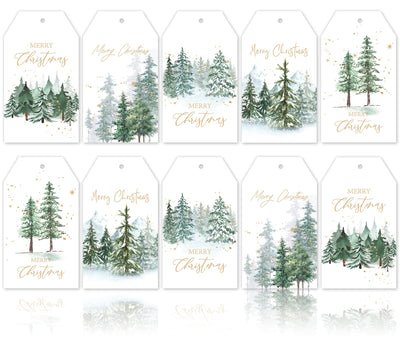 Whaline 120Pcs Christmas Paper Gift Tags Watercolor Christmas Tree Tags Gold Foil with Hemp Rope Merry Christmas Holiday Hanging Labels Gift Tags for Xmas Winter DIY Gift Party Favor Decor, 5 Designs