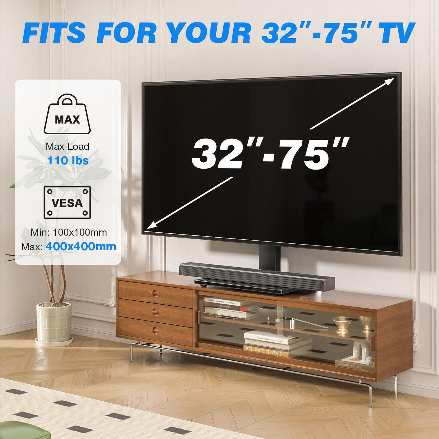 Rfiver Universal Swivel TV Stand Table Top TV Stand for 32-65,70,75 Inch LCD LED TV up to 110 lbs -Height Adjustable Center Pedestal Stand Replacement with Heavy Duty Tempered Glass Base