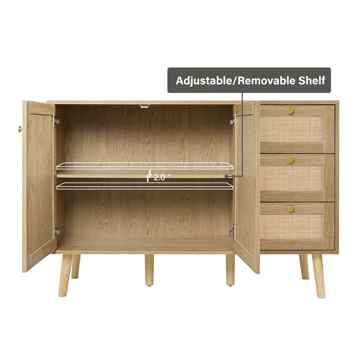 Anmytek Rattan Sideboard Buffet Cabinet with 2 Doors and 3 Drawers, Buffet Cabinet with Storage Wood Credenza Storage Cabinet for Living Room Dining Room Hallway Kitchen, Natural Oak H0088 Anmytek