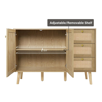 Anmytek Rattan Sideboard Buffet Cabinet with 2 Doors and 3 Drawers, Buffet Cabinet with Storage Wood Credenza Storage Cabinet for Living Room Dining Room Hallway Kitchen, Natural Oak H0088 - WoodArtSupply