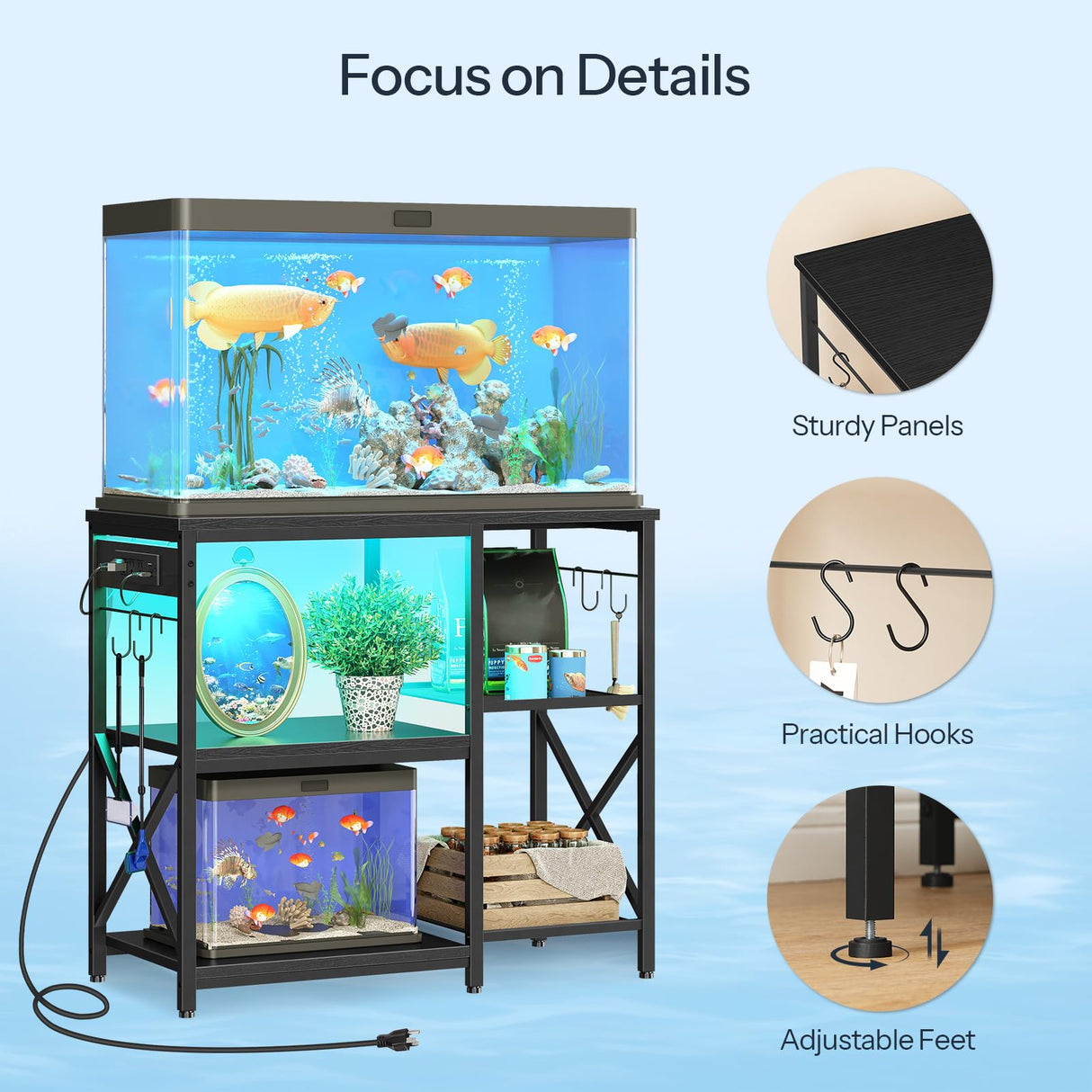 HOOBRO 20-29-37 Gallon Fish Tank Stand with Power Outlets and LED Light, Aquarium Stand with Storage Shelves, 35.4" L x 15.7" W, Reptile Tank Stand with Stable Metal Frame, Black BK80UDFT01 HOOBRO