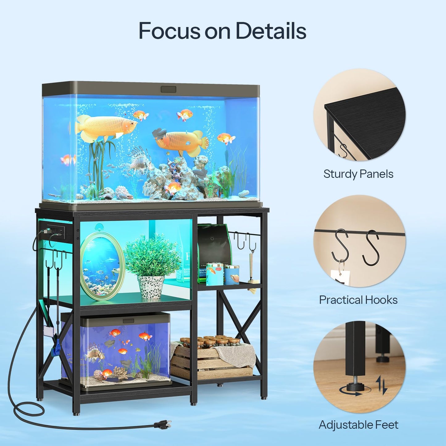 HOOBRO 20-29-37 Gallon Fish Tank Stand with Power Outlets and LED Light, Aquarium Stand with Storage Shelves, 35.4" L x 15.7" W, Reptile Tank Stand with Stable Metal Frame, Black BK80UDFT01 - WoodArtSupply