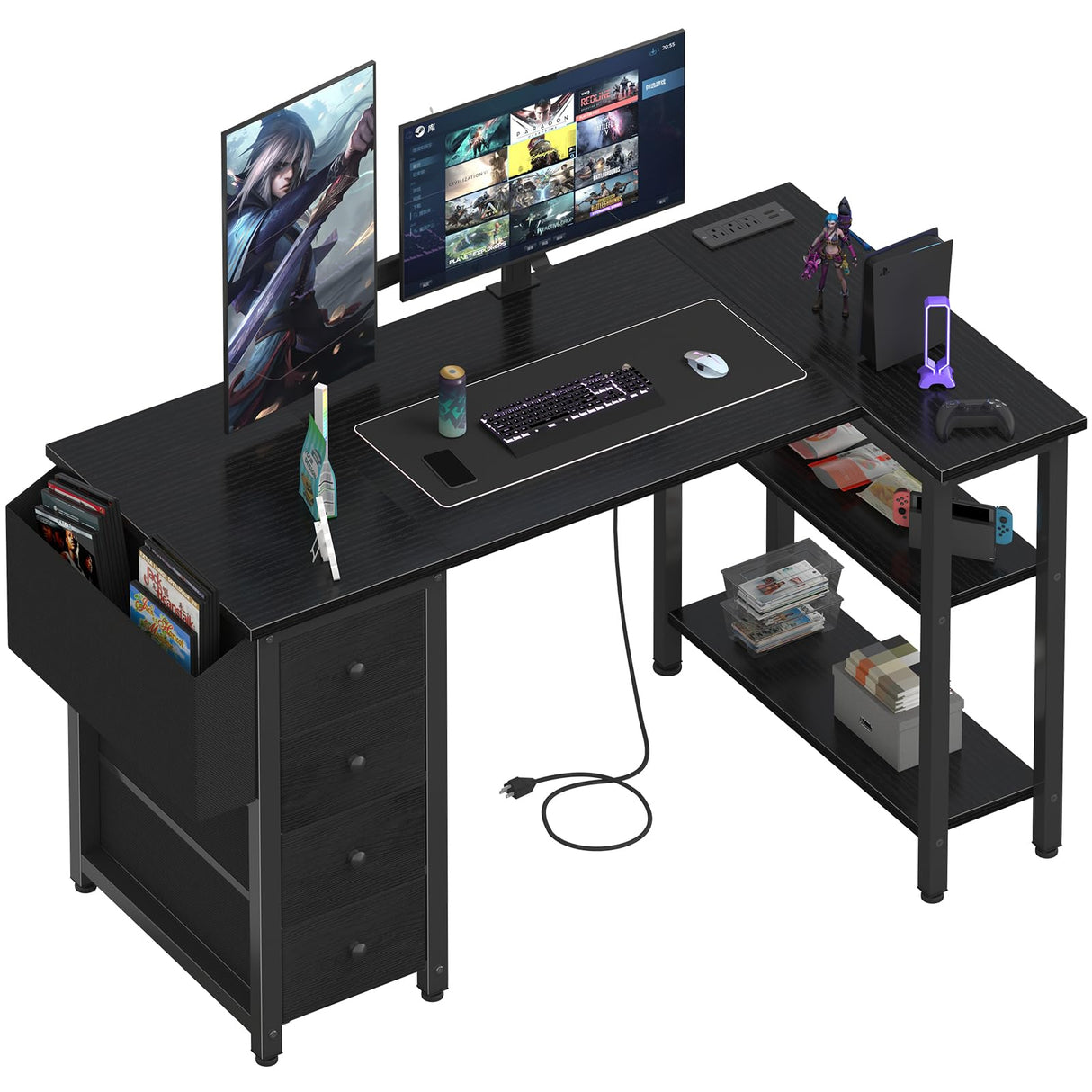 Lufeiya L Shaped Gaming Desk with Drawers & Storage Shelves, 47 Inch Corner Computer Desk with Power Outlet for Home Office Bedroom, L-Shaped Teen PC Desks with Fabric Drawer, Black Lufeiya
