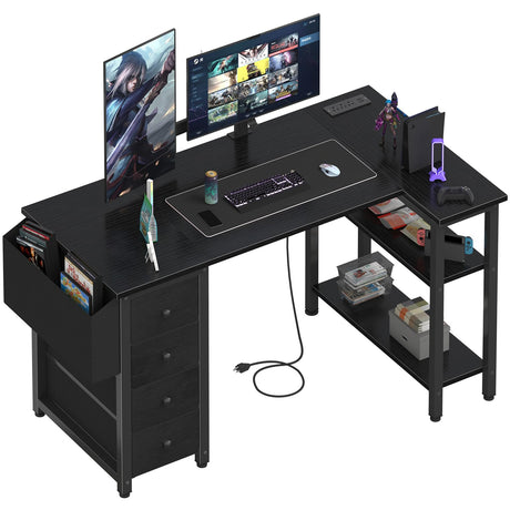 Lufeiya L Shaped Gaming Desk with Drawers & Storage Shelves, 47 Inch Corner Computer Desk with Power Outlet for Home Office Bedroom, L-Shaped Teen PC Desks with Fabric Drawer, Black Lufeiya