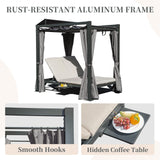 Domi Aluminum Outdoor Patio Daybed with Retractable Canopy Bed, Double Chaise Lounge Outdoor Grey Curtain with Beige Cushion & Cup Holder, for Outside Pool,Garden,Backyard,Lawn domi outdoor living