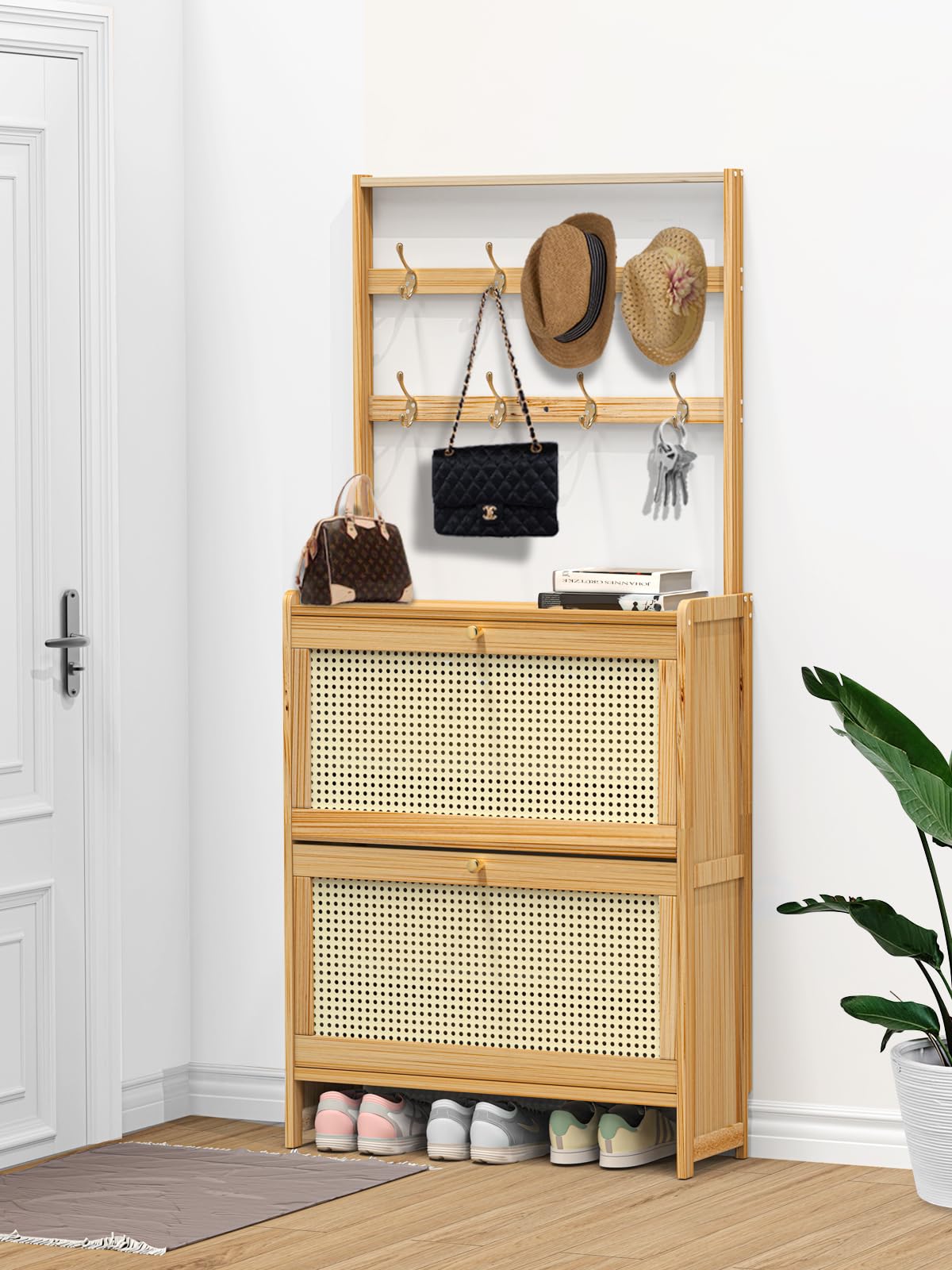 Maiproo Bamboo Shoe Cabinet Rattan with Hanging Rack Hidden Shoe Storage Cabinet Narrow Wood Freestanding Organizer with 2 Flip Drawers Adjustable Panel for Entryway Hallway Light Brown Maiproo