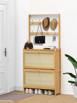 Maiproo Bamboo Shoe Cabinet Rattan with Hanging Rack Hidden Shoe Storage Cabinet Narrow Wood Freestanding Organizer with 2 Flip Drawers Adjustable Panel for Entryway Hallway Light Brown Maiproo