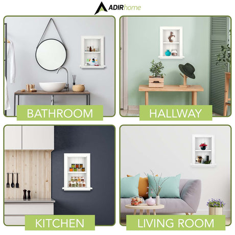 AdirHome Recessed Wall Mount Storage Cabinet – Sturdy Fully Assembled Wooden Utility Storage Shelf – Ideal for Home Kitchen, Bathroom, Laundry, Medicine Cabinet (White) AdirHome