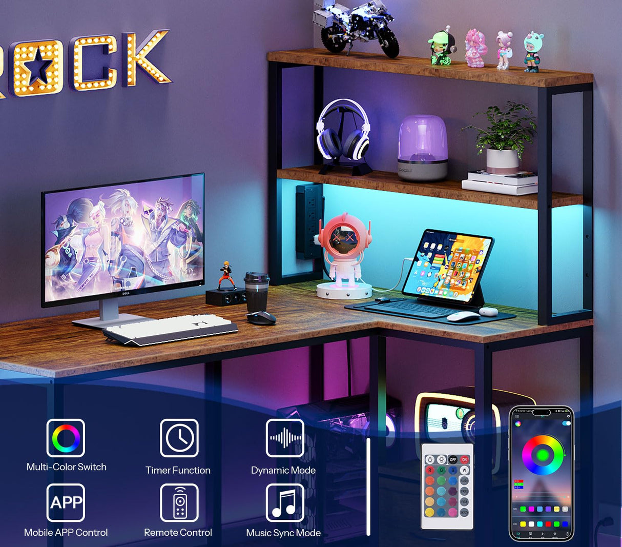 HOOBRO L Shaped Gaming Desk, Reversible Computer Desk with LED Light & Power Outlet, Corner Desk with Storage Shelves & Drawer, for Home Office, Study, Rustic Brown and Black BF18UDDN01 HOOBRO