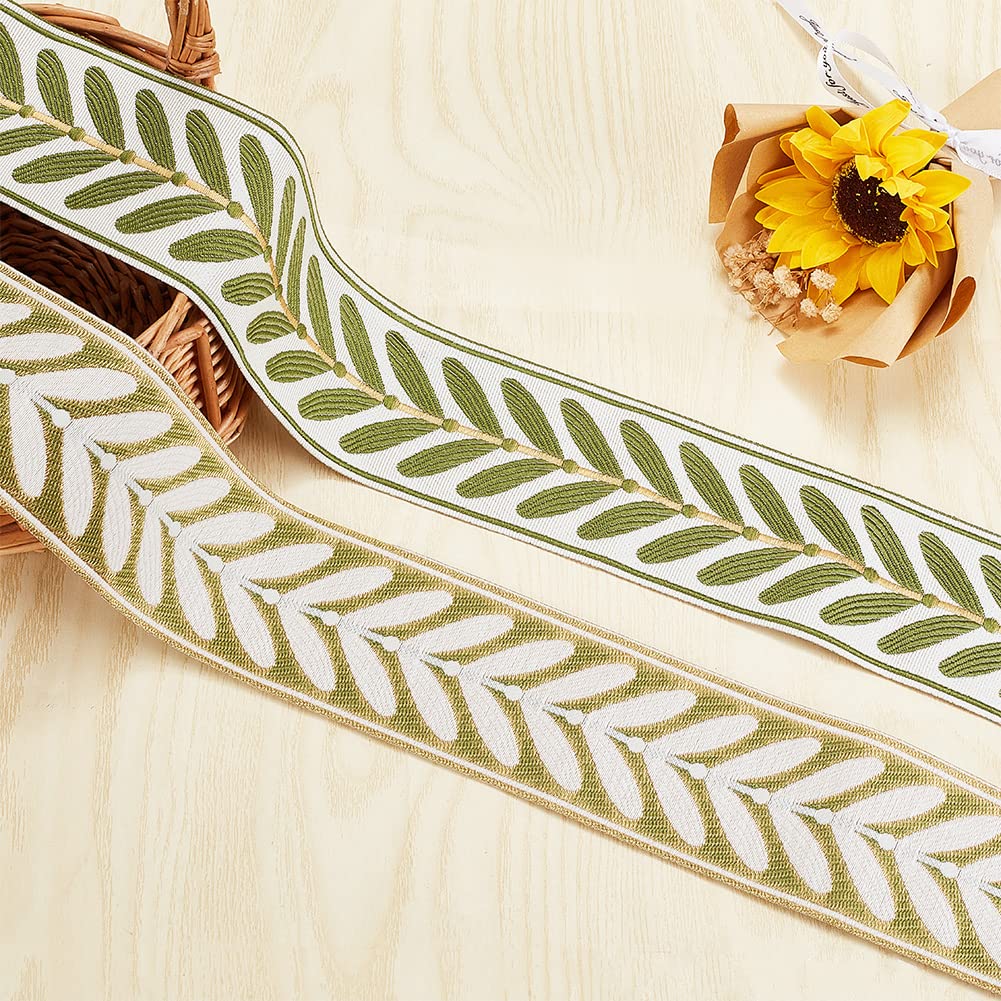 OLYCRAFT 10.9Yards Jacquard Ribbon Trim 2.4 Inch Leaf Pattern Jacquard Polyester Ribbons White Green Leaf Jacquard Woven Embroidery Trim for DIY Sewing Crafts Handmade Bag Belts Clothing Decoration OLYCRAFT
