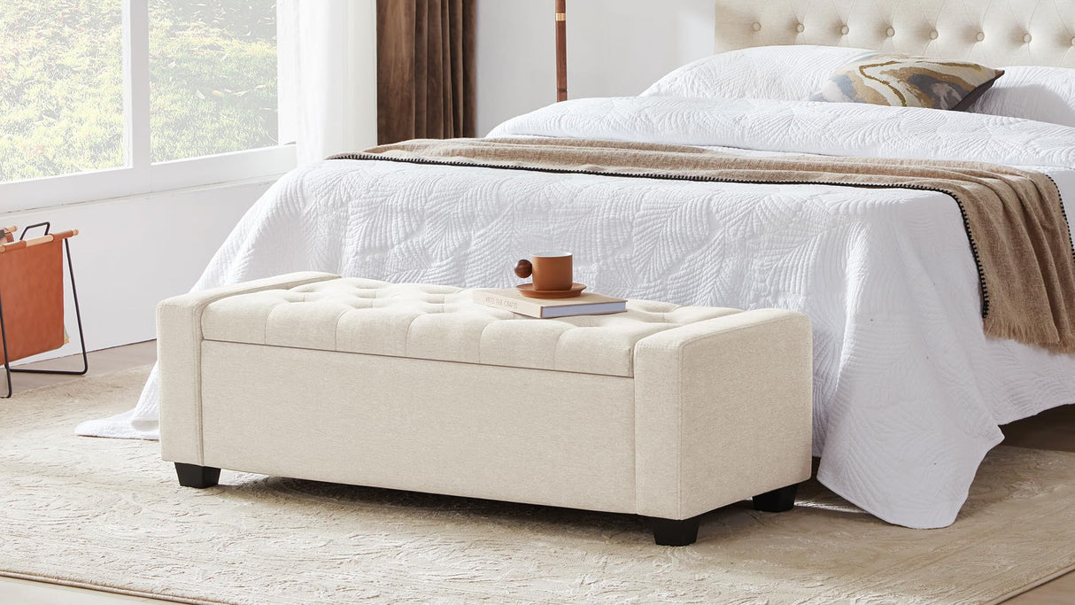 Huatean Home Ottoman with Storage, Storage Ottoman Bench with Safety Hinge, Upholstered Storage Bench with Seating for Bedroom, Living Room, Holds up to 330 lb, Beige Huatean Home