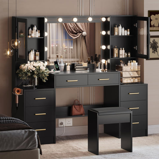 TOKSOM Black Vanity Desk with Mirror, Lights & Charging Station, 58.3" 3 Lighting Modes Makeup Desk with 8 Drawers, 2 Cabinets and Lots Storage, Dressing Table Vanity Set with Lighted Mirror