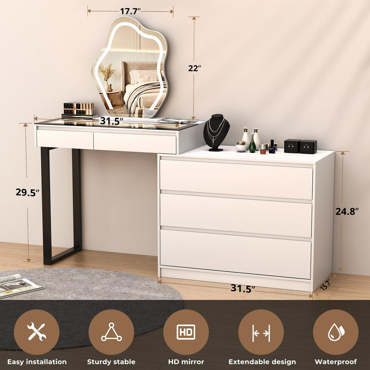 MIIFUNY Corner Vanity Desk with Mirror and Lights, Makeup Vanity with Charging Station, Extendable Dressing Table with Drawers and Dresser for Women Girls, White MIIFUNY