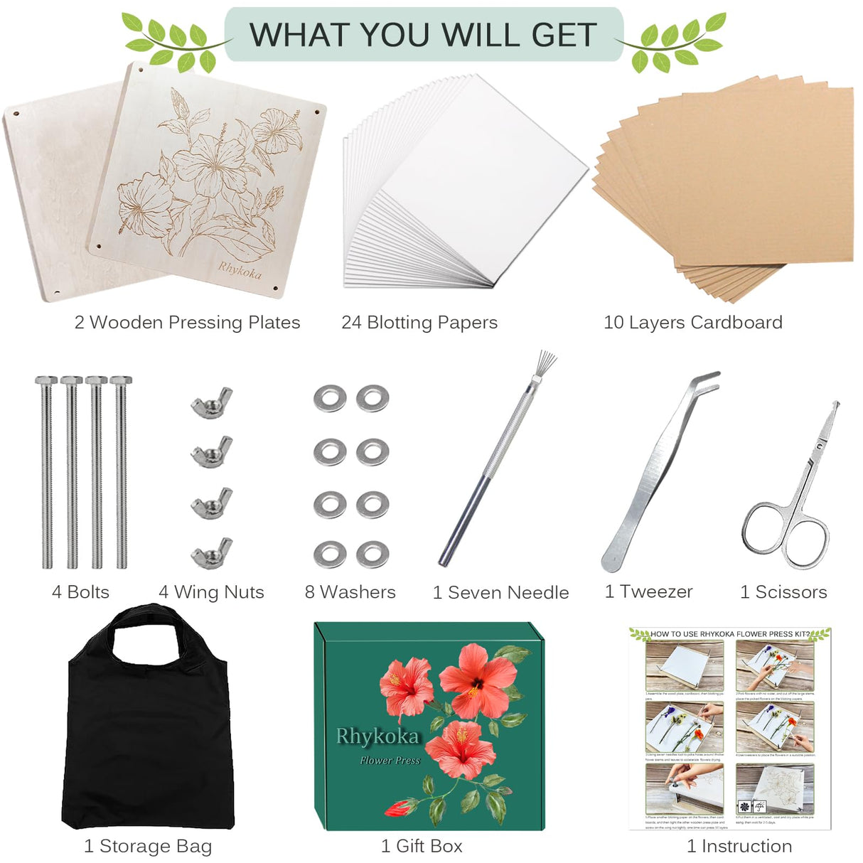 Rhykoka Large Flower Press,11x11 inch (28x28cm) 10 Layers Wooden Flower Pressing Kit for Adults with Storage Bag, Great Gift for DIY Flower Lovers (Wooden) Rhykoka