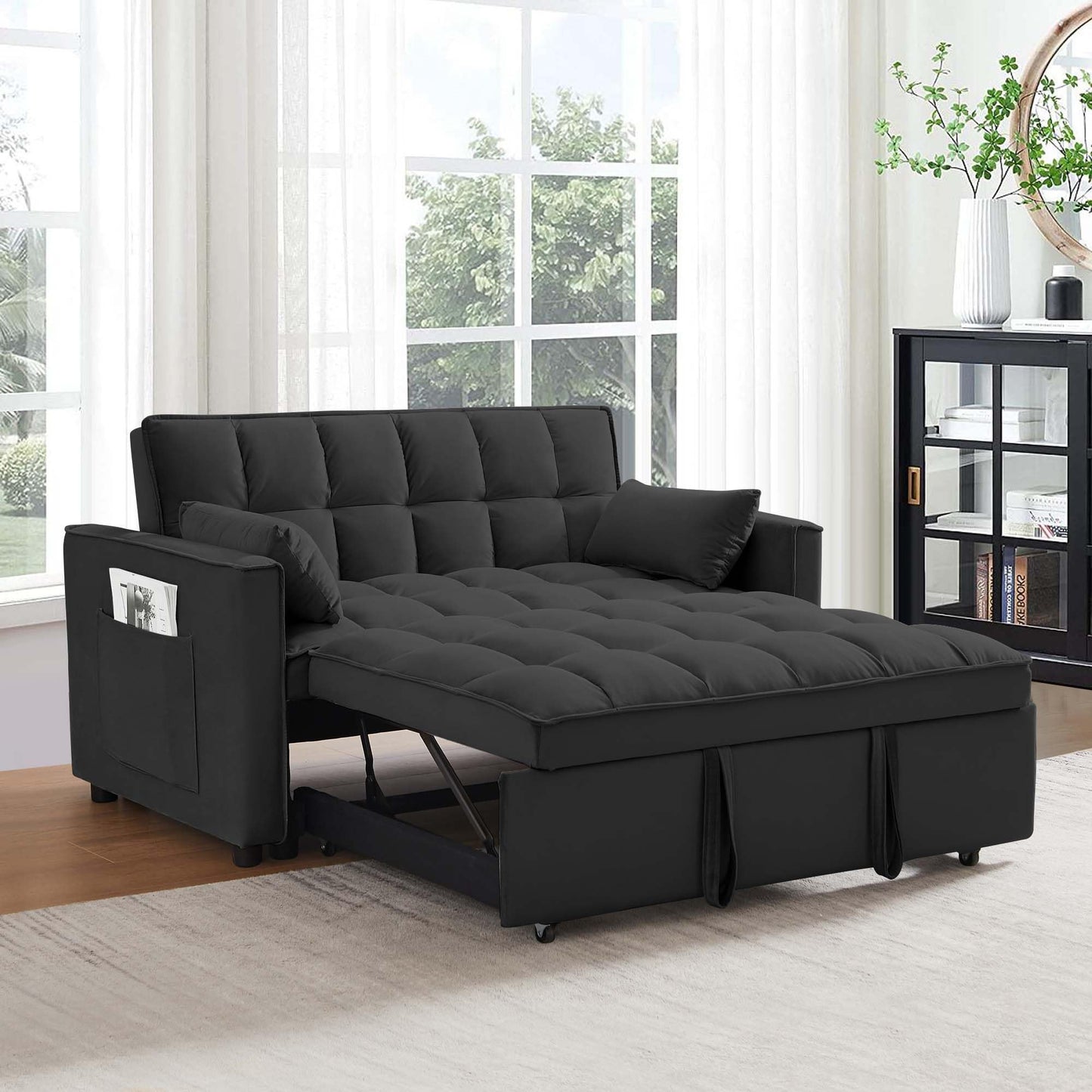 SumKea Pull Out Couch Bed Sleeper Sofa, Velvet 3-in-1 loveseat Sofa Bed with Pull-Out Bed, Two Throw Pillows, Balck