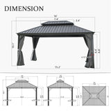 Domi 12'x16' Hardtop Gazebo Canopy,Outdoor Aluminum Gazebo with Galvanized Steel Double Roof,Permanent Gazebo with Drainage System,Curtain and Netting Included,Grey domi outdoor living