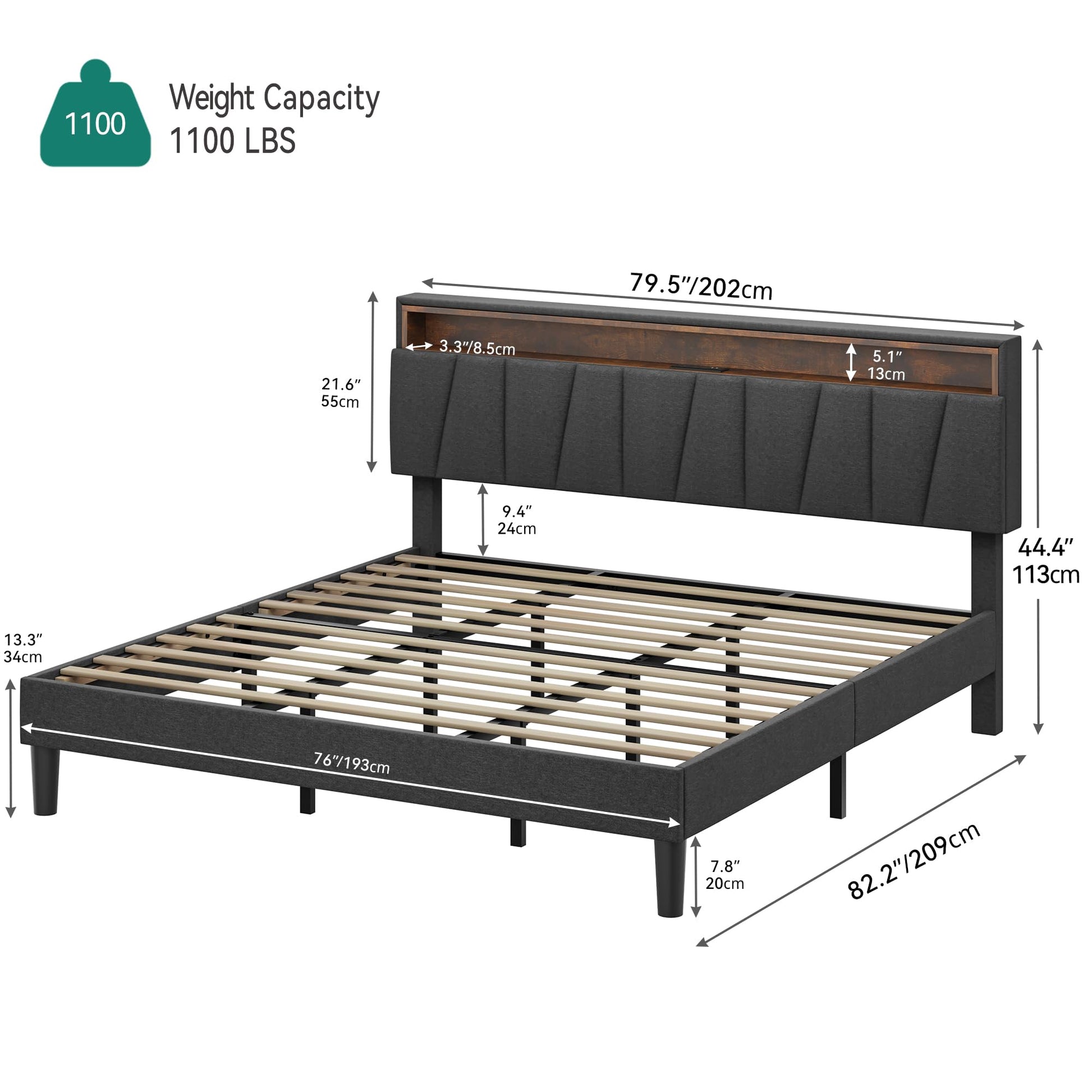 YITAHOME King Size Upholstered Bed Frame with LED Lighting, Headboard Storage, and Charging Station - Grey - WoodArtSupply