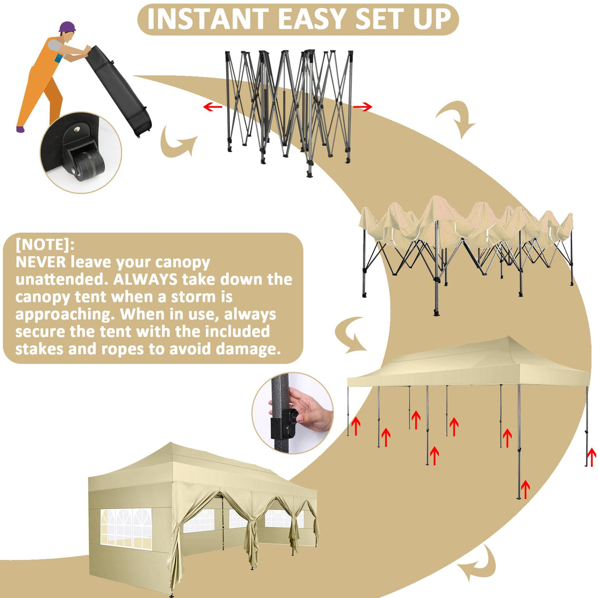 COBIZI 10x30 Pop Up Canopy with 8 Sidewall,Heavy Duty UPF 50+ All Season Wind Waterproof Commercial Outdoor Wedding Party Tents for Parties Canopy Gazebo with Roller Bag(10 x 30 ft Khaki) COBIZI