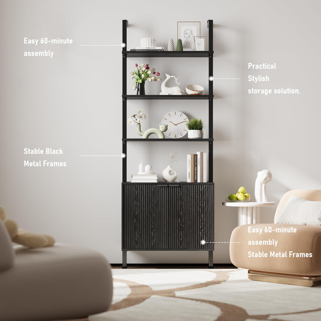 INNOD 74" Tall Bookshelf with Storage Cabinet, Modern Ladder Shelf with Wood and Metal Frame, Wall Mount Bookcase Open Display Shelf Furniture for Living Room, Bedroom, Home Office，Black INNOD