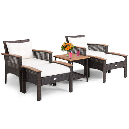 Tangkula 5 Pieces Wicker Patio Furniture Set, Patiojoy Outdoor Acacia Wood Cushioned Conversations Set with Ottomans and Storage Table, for Porch, Garden,Deck and Poolside (Off White) - WoodArtSupply