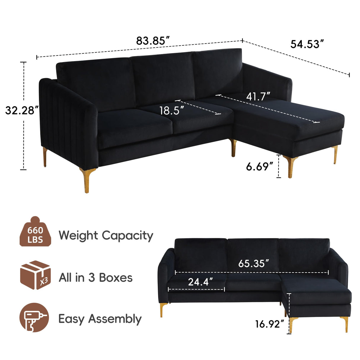 Kingfun 84" W Sectional Couches for Living Room, Velvet L Shaped Couch with Chaise and Metal Legs, 3 Seater Sofa Small Couch for Small Spaces Bedroom, Black Kingfun