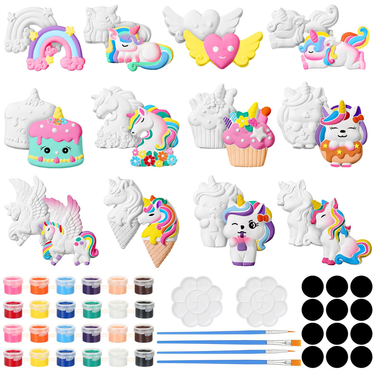HyDren 12 Sets Arts and Crafts Painting Kit for Kids Unicorn Unpainted DIY Ceramic Figurines Paint Your Own Figurines with Magnets, Paintbrushes, Palettes for Kids Adults(Unicorn Theme) HyDren