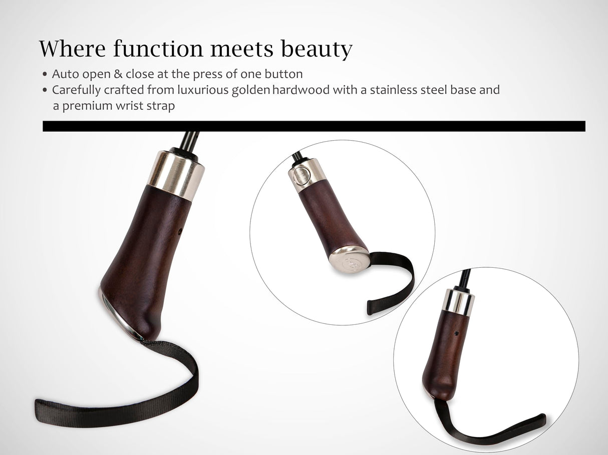 Balios (Designed in UK) Travel Umbrella Luxurious Golden Hardwood Handle Auto Open & Close Windproof Frame Single Canopy Automatic Folding Umbrella Men's & Ladies (Herringbone) Balios