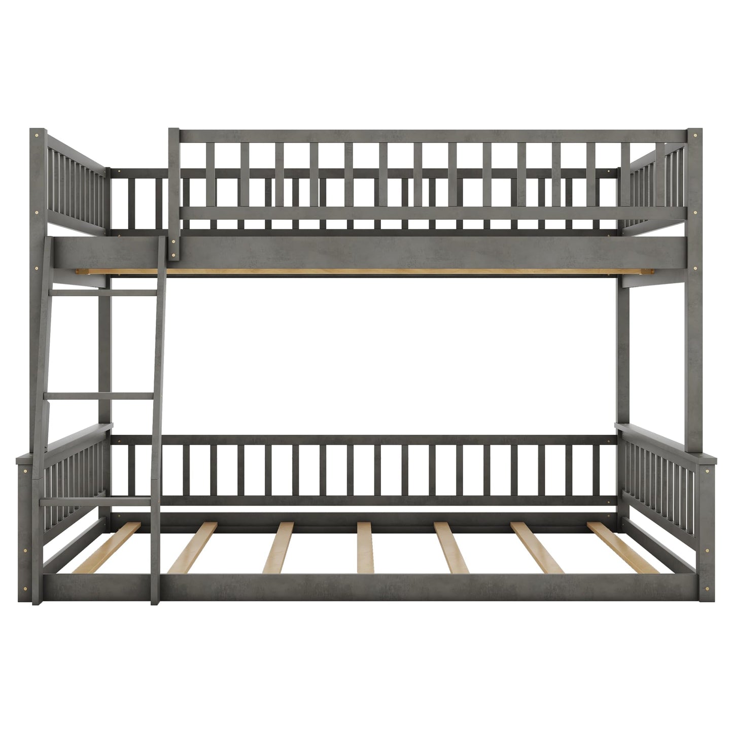 SOFTSEA Full XL Over Queen Bunk Bed, Wood Floor Bunk Bed with Safety Guardrails & Wide Ladder for Kids Teens Adults, Detachable Bunk Bed into 2 Beds, Grey