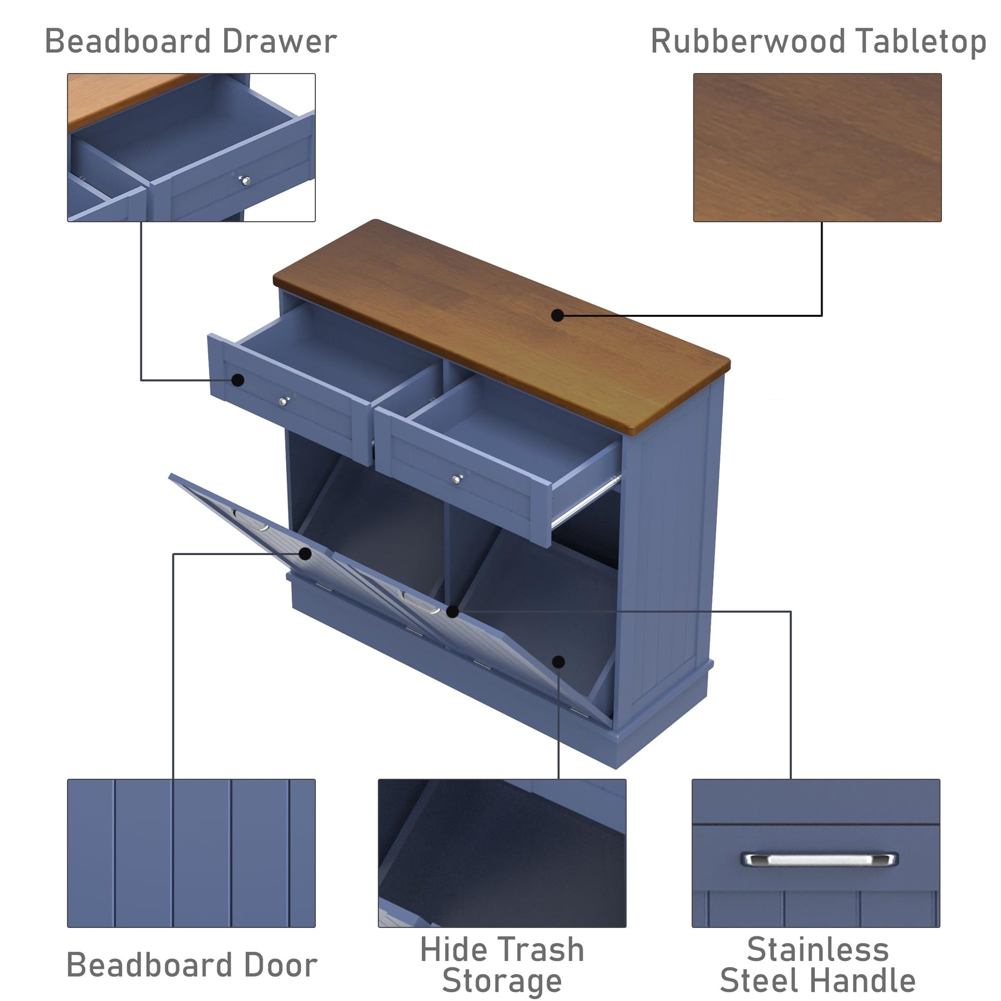 TOLEAD Double Tilt Out Trash Cabinet 20 Gallon,Antique-style Beadboard Trash Can Cabinet Kitchen with Solid Wood Tabletop & Drawer, Pet Proof Trash Can, Wood Laundry Cabinet (Blue) - WoodArtSupply