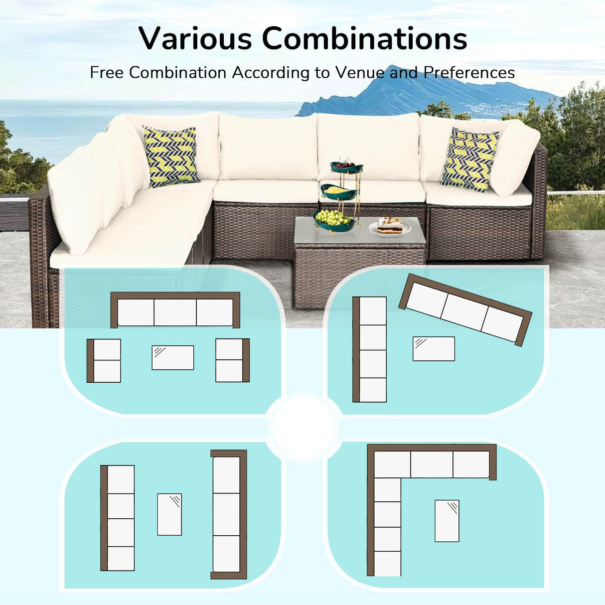PayLessHere 8 Piece Patio Furniture Set Outdoor Furniture Sectional Sofa Set Rattan Wicker Conversation Set Coffee Table Khaki Cushion for Backyard Porch Balcony Poolside Garden PayLessHere