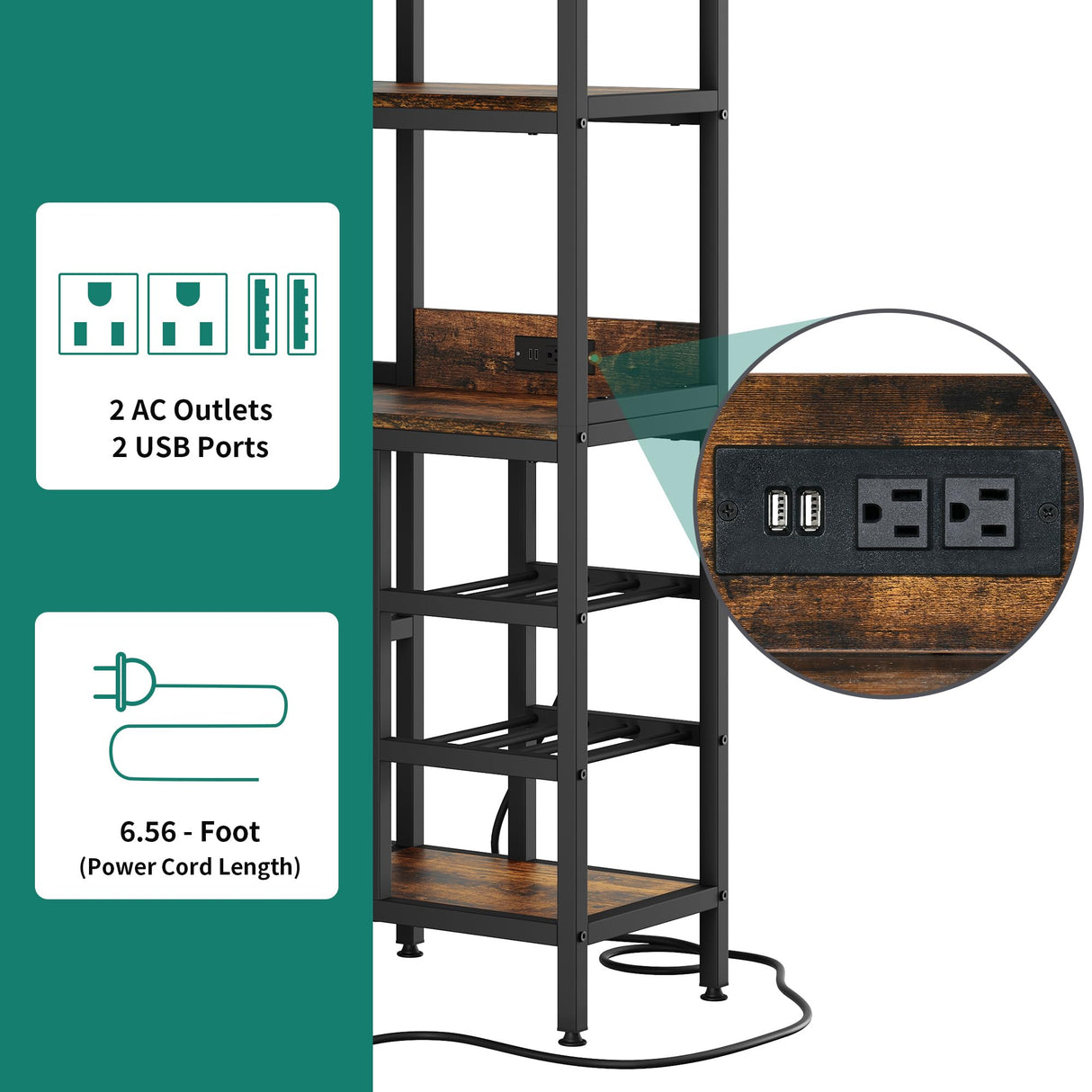 YITAHOME Large Corner Wine Rack, 63'' Corner Bar Cabinet with Power Outlet and LED Light, 5-Tier L Shaped Industrial Liquor Cabinets w/Glass Holder, Open Display Cabinet for Home, Brown YITAHOME