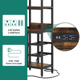 YITAHOME Large Corner Wine Rack, 63'' Corner Bar Cabinet with Power Outlet and LED Light, 5-Tier L Shaped Industrial Liquor Cabinets w/Glass Holder, Open Display Cabinet for Home, Brown YITAHOME