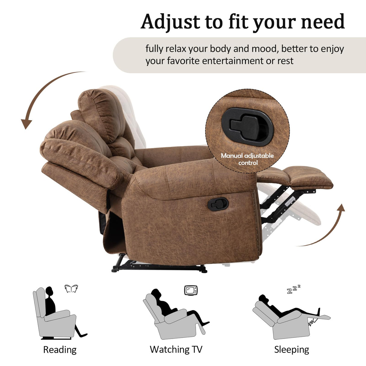CANMOV Faux Leather Manual Loveseat Recliner, 2 Seat Reclining Chair, Overstuffed Comfortable Arms and Back Recliner Chair, Couch Set for Living Room, Bedroom Furniture, Office,Nut Brown CANMOV