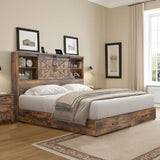 YUMPIE Farmhouse King Size Bed with 51.2" Bookcase Headboard, Wooden Platform Beds with Sliding Barn Door, Built-in Charging Station and 2 Storage Drawers, No Box Spring Needed, Rustic Brown YUMPIE