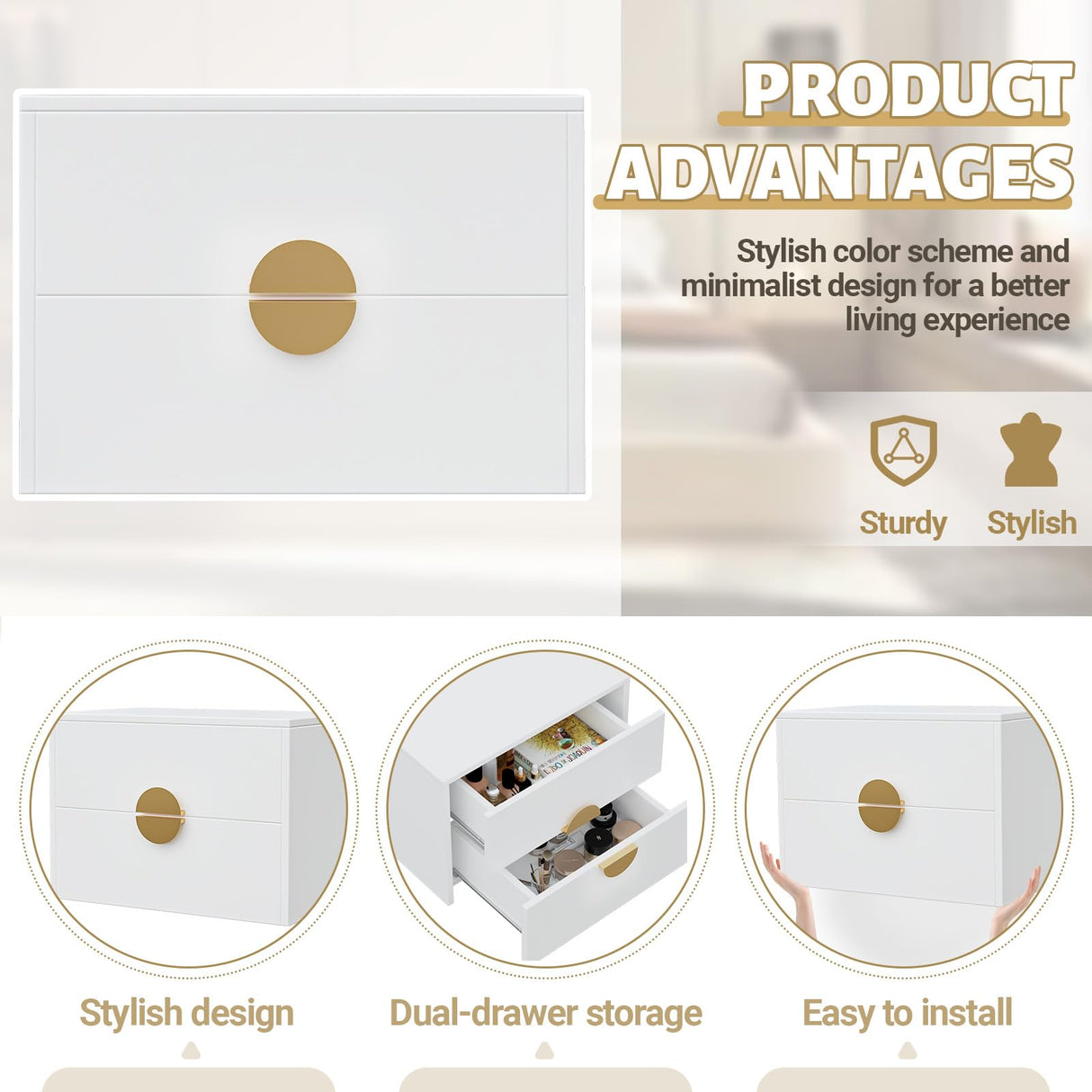 Floating Nightstands Set of 2 with LED Light Strip, and 2 Drawers – Modern Wall-Mounted Wooden Bedside Tables for Bedroom iyrany